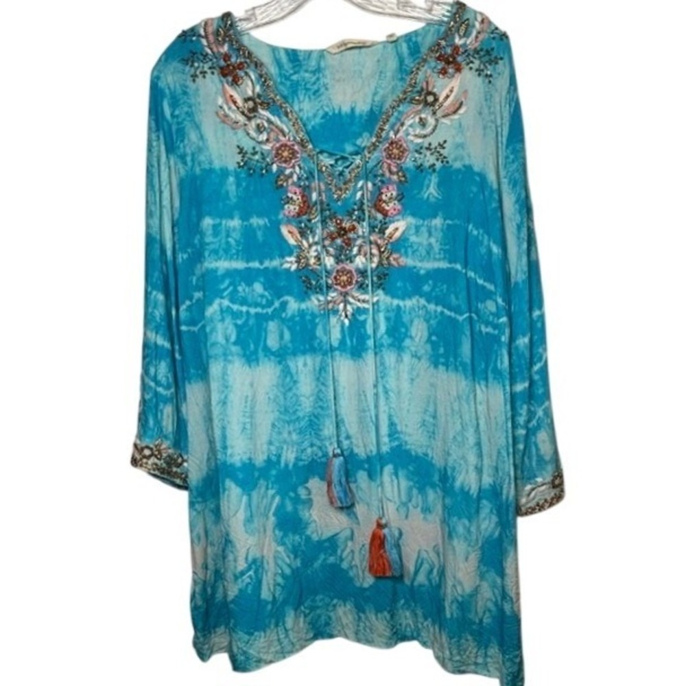Soft Surroundings Icon Beverly Blue Tie Dye Tunic Blouse 1X Beaded Floral Boho
